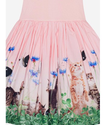 Molo Girls Yin Tang Kitten Print Dress in Pink Les êtres humains sont 