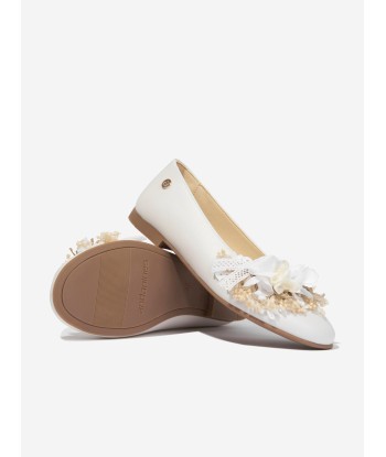 Andanines Girls Leather Flower Ballerina Pumps in Ivory acheter en ligne