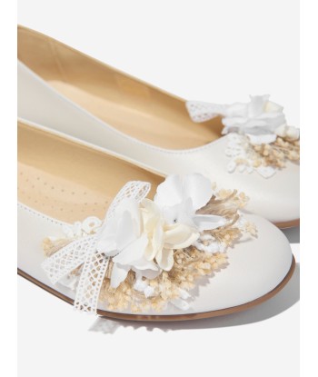 Andanines Girls Leather Flower Ballerina Pumps in Ivory acheter en ligne