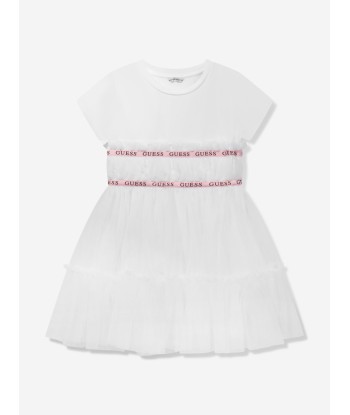 Guess Girls Jersey And Tulle Dress in White pas cher 