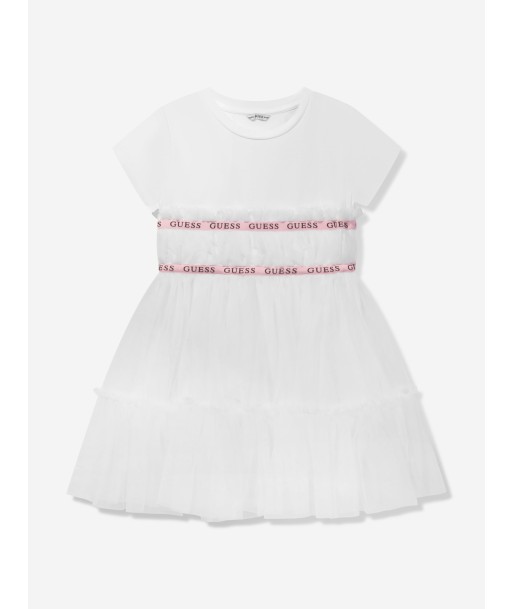 Guess Girls Jersey And Tulle Dress in White pas cher 