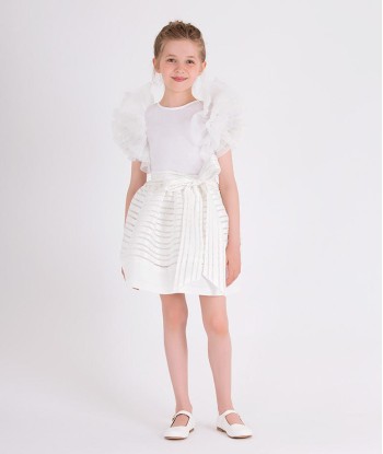 Mama Luma Girls Organza Striped Bow Skirt in White Comparez et commandez 