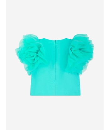 Mama Luma Girls Organza Flared Shoulder Blouse in Green à prix réduit toute l'année