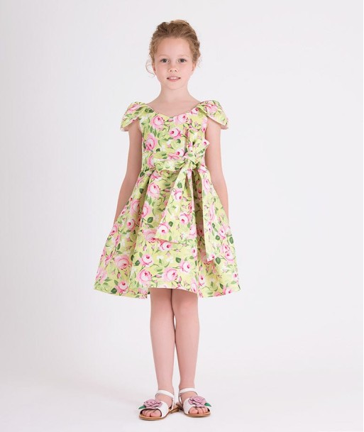 Mama Luma Girls Flower Print Dress With Belt in Yellow pas cher 