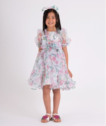 Mama Luma Girls Organza Ruffle Rose Dress in White est présent 