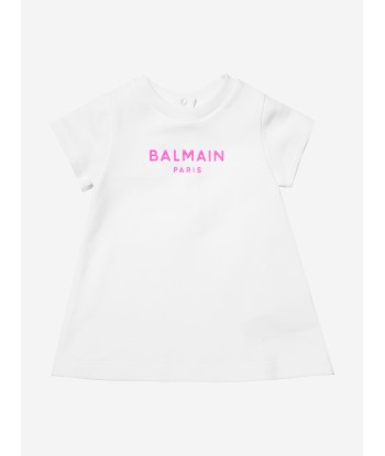 Balmain Baby Girls Logo T-Shirt Dress in White pas cher 