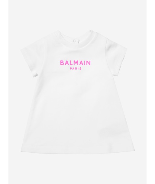 Balmain Baby Girls Logo T-Shirt Dress in White pas cher 