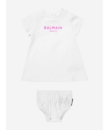 Balmain Baby Girls Logo T-Shirt Dress in White pas cher 