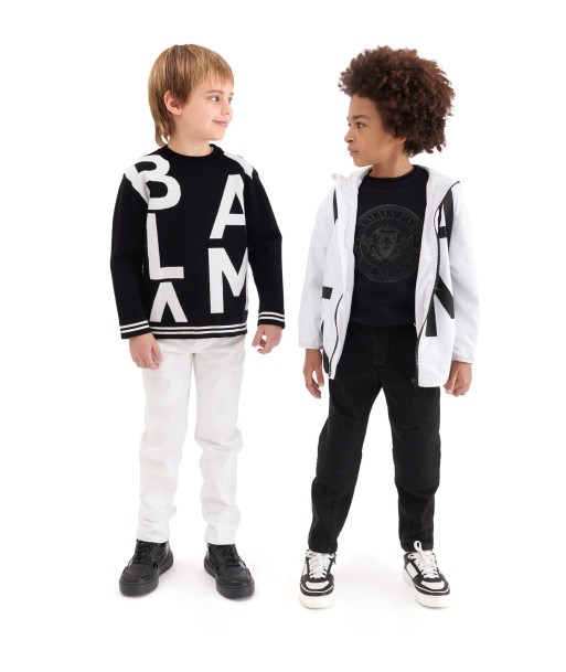 Balmain Boys Logo Print Hooded Jacket in White livraison et retour toujours gratuits