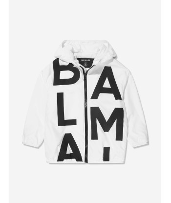 Balmain Boys Logo Print Hooded Jacket in White livraison et retour toujours gratuits