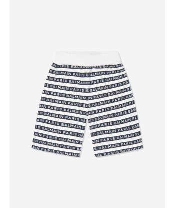 Balmain Boys Striped Logo Shorts in White Faites des économies