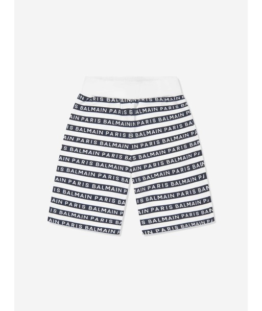 Balmain Boys Striped Logo Shorts in White Faites des économies