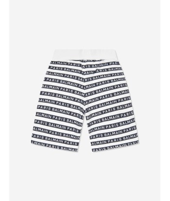 Balmain Boys Striped Logo Shorts in White Faites des économies