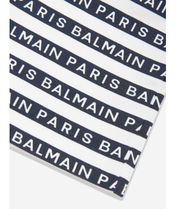 Balmain Boys Striped Logo Shorts in White Faites des économies