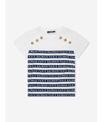 Balmain Girls Striped Logo T-Shirt in White En savoir plus