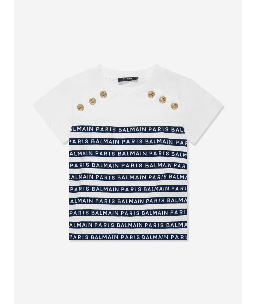 Balmain Girls Striped Logo T-Shirt in White En savoir plus