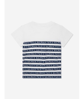 Balmain Girls Striped Logo T-Shirt in White En savoir plus