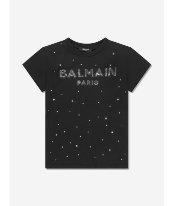 Balmain Girls Diamante Logo T-Shirt in Black en ligne