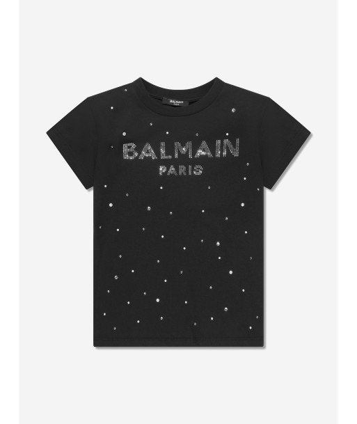 Balmain Girls Diamante Logo T-Shirt in Black en ligne