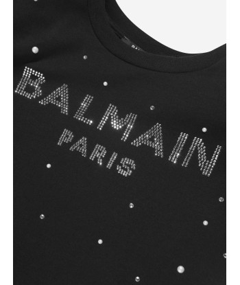 Balmain Girls Diamante Logo T-Shirt in Black en ligne