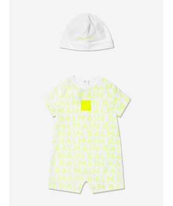 Balmain Baby Boys Romper And Hat Gift Set in White en stock