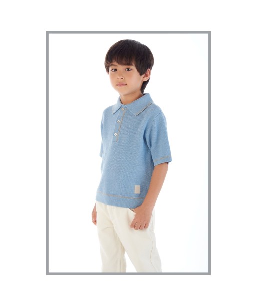 Eleventy Boys Linen Knit Polo Shirt in Blue des créatures d'habitude