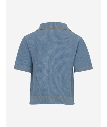 Eleventy Boys Linen Knit Polo Shirt in Blue des créatures d'habitude