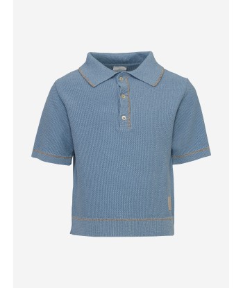 Eleventy Boys Linen Knit Polo Shirt in Blue des créatures d'habitude