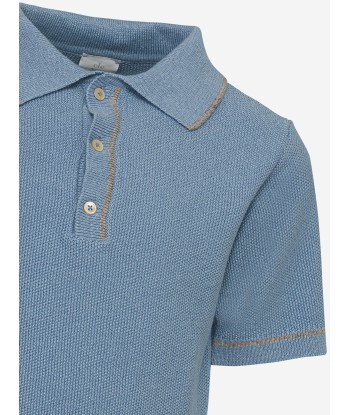 Eleventy Boys Linen Knit Polo Shirt in Blue des créatures d'habitude