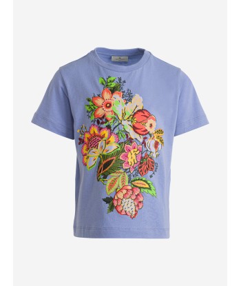 Etro Girls Floral Print T-Shirt in Blue pas cher 