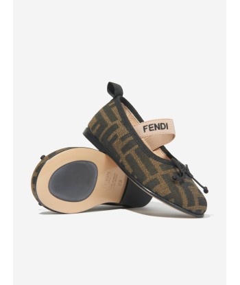 Fendi Girls FF Jacquard Ballerinas in Brown Fin de série