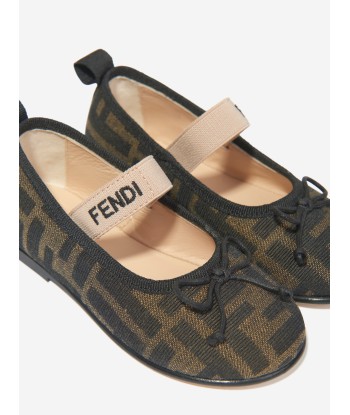 Fendi Girls FF Jacquard Ballerinas in Brown Fin de série