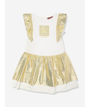 Aigner Girls Metallic Logo Dress in White 2024