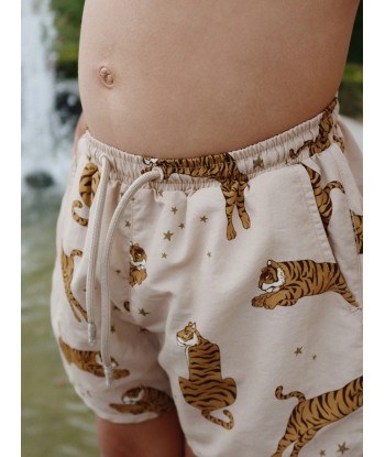 Konges Sløjd Boys Asnou Tiger Swim Shorts in Beige les ctes