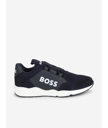 BOSS Boys Leather And Mesh Logo Trainer in Navy Livraison rapide