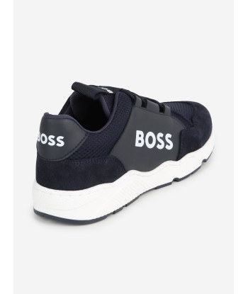 BOSS Boys Leather And Mesh Logo Trainer in Navy Livraison rapide