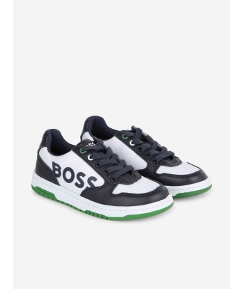 BOSS Boys Leather Logo Trainers in Navy brillant des détails fins