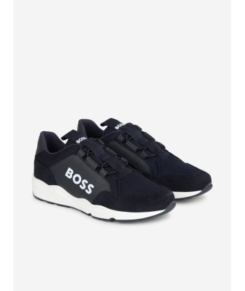 BOSS Boys Leather And Mesh Logo Trainer in Navy Livraison rapide