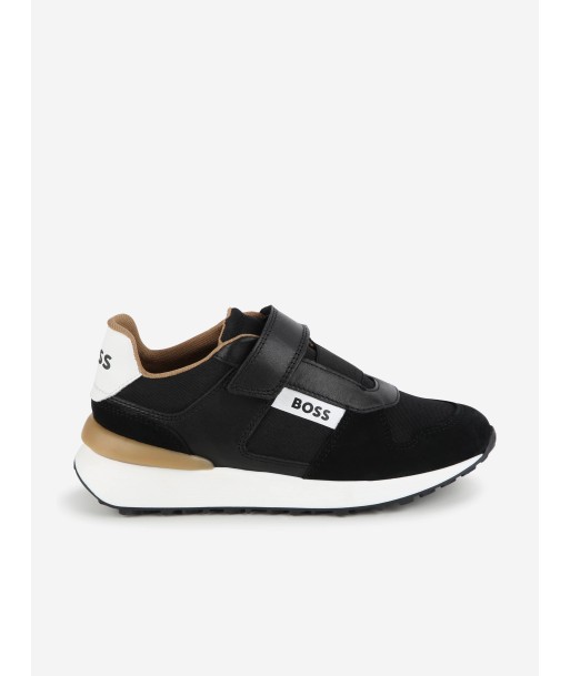 BOSS Boys Leather Logo Velcro Trainers in Black acheter en ligne