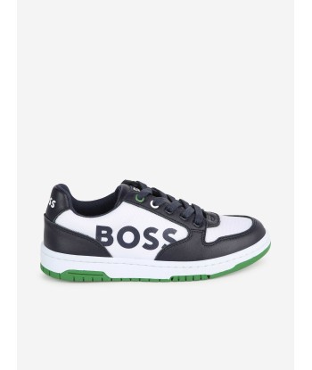 BOSS Boys Leather Logo Trainers in Navy brillant des détails fins