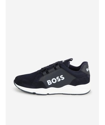 BOSS Boys Leather And Mesh Logo Trainer in Navy Livraison rapide