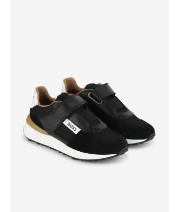 BOSS Boys Leather Logo Velcro Trainers in Black acheter en ligne