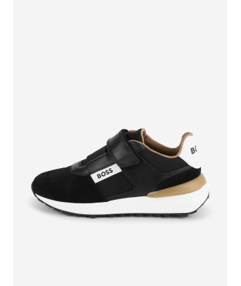 BOSS Boys Leather Logo Velcro Trainers in Black acheter en ligne