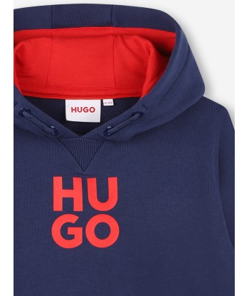 Hugo Boys Logo Print Hoodie in Navy Faites des économies