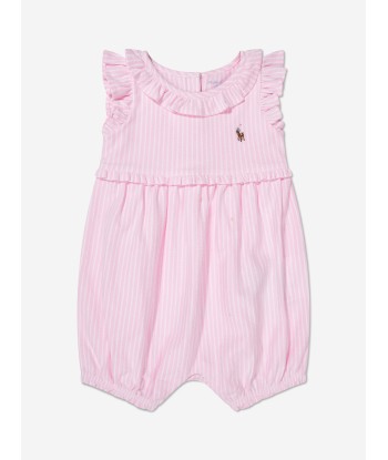 Ralph Lauren Baby Girls Striped Bubble Romper in Pink pas cheres