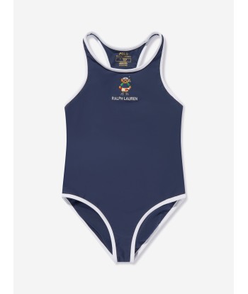 Ralph Lauren Girls Embroidered Bear Swimsuit in Navy solde