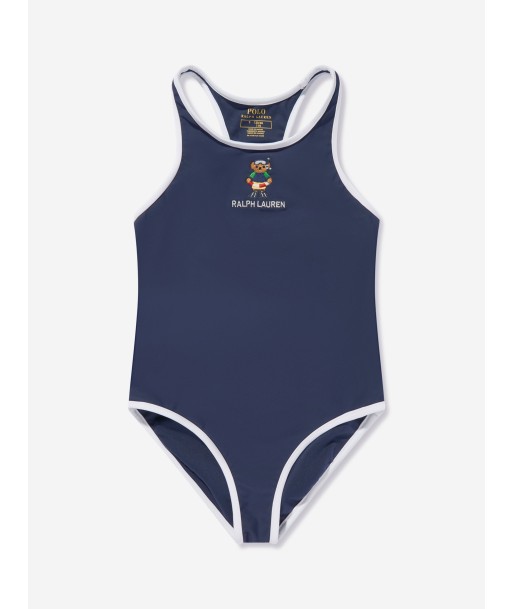 Ralph Lauren Girls Embroidered Bear Swimsuit in Navy solde