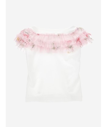 Monnalisa Girls Floral Ruched T-Shirt in Ivory pas cher 