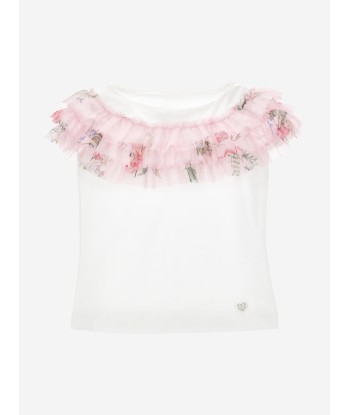 Monnalisa Girls Floral Ruched T-Shirt in Ivory pas cher 