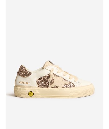 Golden Goose Girls May Leather And Glitter Trainers in Cream Découvrez la collection